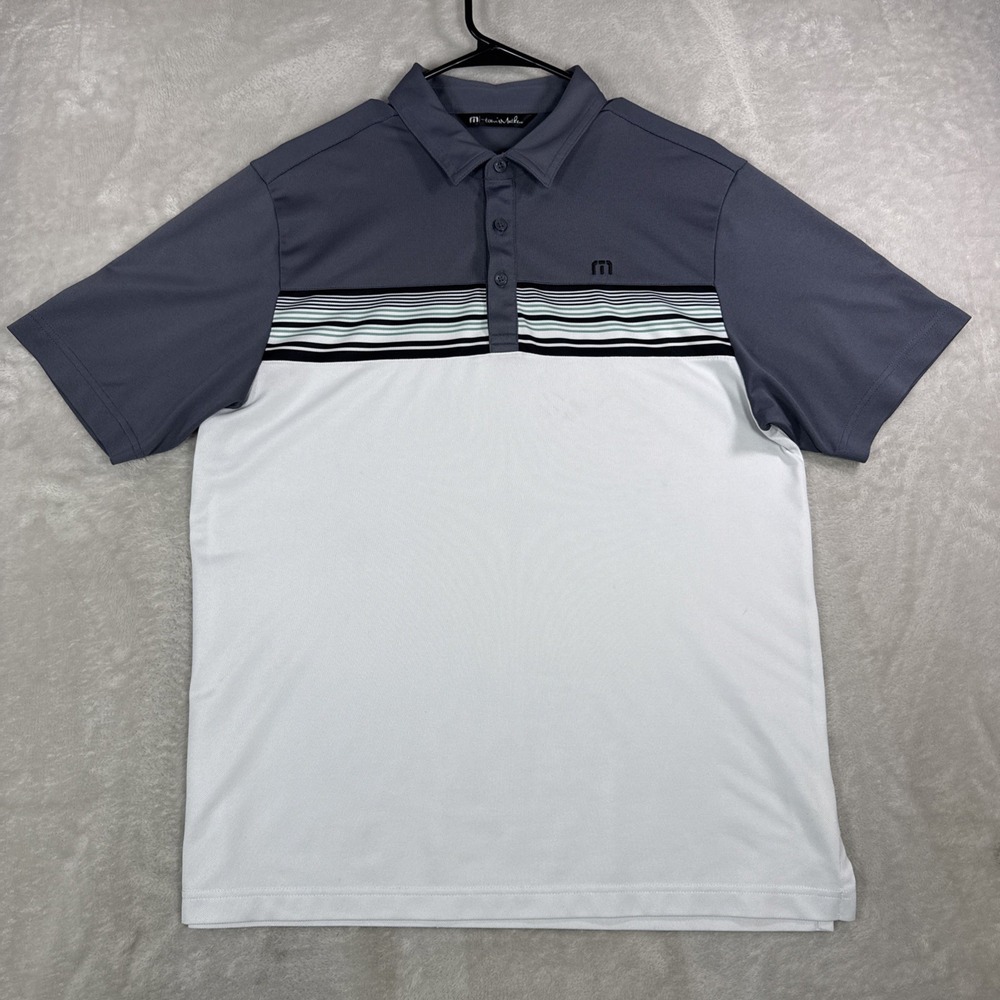 TravisMathew Men's Med Performance Golf Polo Shirt Gray White Striped Colorblock